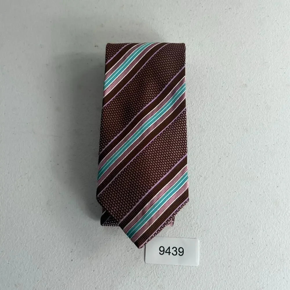 Ermenegildo Zegna Silk Neck Tie Geometric Striped Brown Pink Blue